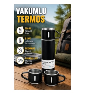 500 ml Paslanmaz Çelik Vakumlu Termos – Sızdırmaz Kapak, 8 Saat Isı Koruma, Taşınabilir Set