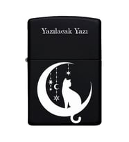 Kedi Desenli Kişiye Özel İsimli Benzinli Siyah Metal Çakmak ZP177