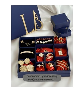 12’li Advent Calender Hediye Seti - 12 Adet Gold Renk Çelik Takı - Lacivert Hediye Kutusu