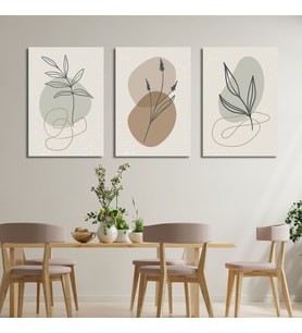 3'lü Kanvas Tablo Seti Pastel Çizgisel Yapraklar ve Lavanta