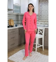 pilelistore- Kadın Pamuk Penye Önden Düğmeli Uzun Kol Pijama Takım Pembe