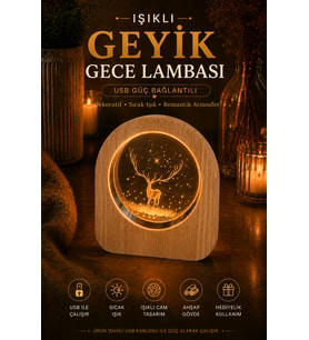 Geyik Desenli Işıklı Gece Lambası Ahşap Tabanlı USB Bağlantılı Dekoratif Masa Lambası Doğa Temalı Hediyelik Aydınlatma