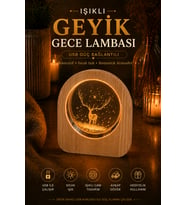 Geyik Desenli Işıklı Gece Lambası Ahşap Tabanlı USB Bağlantılı Dekoratif Masa Lambası Doğa Temalı Hediyelik Aydınlatma