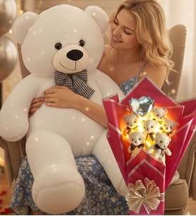 90 Cm Peluş Ayı ve LED Işıklı Romantik Balonlu Sütlü Kahve Ayıcık Buketi Anneler Günü Doğüm Günü Hediyesi (Beyaz)