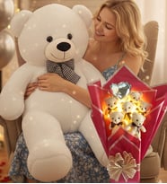 90 Cm Peluş Ayı ve LED Işıklı Romantik Balonlu Sütlü Kahve Ayıcık Buketi Anneler Günü Doğüm Günü Hediyesi (Beyaz)