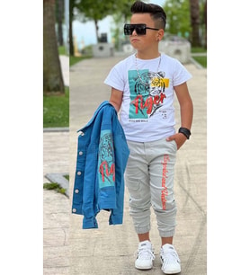 Erkek Çocuk Kaplan Detaylı T-shirt Sırt Baskılı Mavi Jean Ceket Kargo Cepli Alt