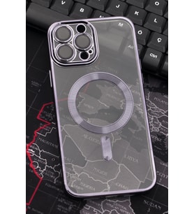 iPhone 14 Pro Max Uyumlu MagSafe Özellikli Mor Renkli Kenarlı Lazerli Şeffaf Kılıf Lens Korumalı (Renksiz)