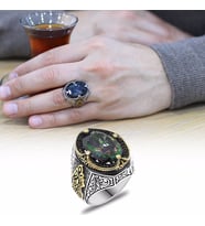 Faset Kesim Mistik Topaz Taşlı Yanları Gotik Süslemeli 925 Ayar Gümüş Erkek Yüzük (Çok Renkli)