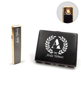 Kişiye Özel Siyah USB Sürgülü Çakmak & Metal Tabaka Hediye Seti