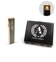 Kişiye Özel Siyah USB Sürgülü Çakmak & Metal Tabaka Hediye Seti