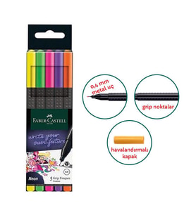 Grip Finepen 0.4 Mm 5 Renk Neon Fineliner 1 Paket Faber Keçe Uçlu Kalem Neon Renkler 5 li 1 Paket (Karışık)