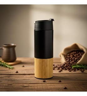 Lexroo 450 ml Bambu Kaplamalı Çelik Termos - Sıcak ve Soğuk Tutucu Sızdırmaz Mat Siyah Kahve Termosu