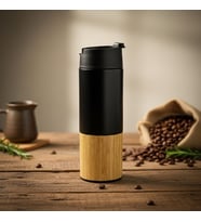 Lexroo 450 ml Bambu Kaplamalı Çelik Termos - Sıcak ve Soğuk Tutucu Sızdırmaz Mat Siyah Kahve Termosu