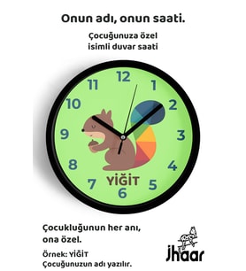 İsme Özel Sevimli Sincap Çocuk Odası Duvar Saati Orta Boy 30 cm Siyah Camlı Sessiz