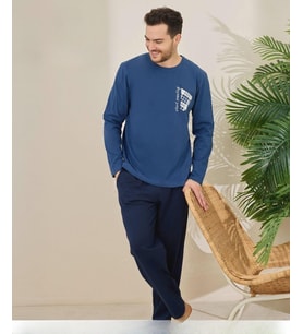 Pijamoni Erkek Pamuklu Bisiklet Yaka Uzun Kol İnce Pijama Takımı 6150/6 - 1 Adet (Mavi)