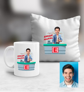 Kişiye Özel Karikatürlü Eczacı Kupa ve Yastık Hediye Seti Erkek Ezacıya Tıp Bayramı Hediyesi (Beyaz)