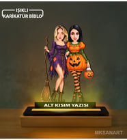 Kişiye Özel Arkadaş Mor Cadı Turuncu Karikatürlü 14 cm MDF Işıklı Biblo - Arkadaşa Hediye Arkadaşa Doğum Günü Hediyesi