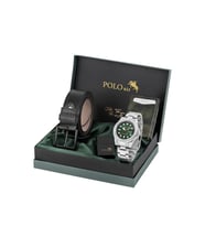 Polo Air Takvimli Erkek Kol Saati Otomatik Cüzdan Kemer Çakmak Seti Gümüş Yeşil Renk PL-7080E4 (Yeşil-Grı)