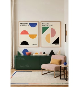 Minimalist Geometrik 2'li Ahşap Çerçeveli Tablo Seti