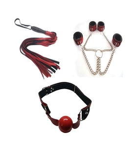 Kırmızı Fantazi Kırbaç Fantezi Deri El Ayak Kelepçe Fantezi Deri Ağız Topu + Erotik Masaj Yağı(Red Fantasy Whip Fancy Leather Hand Foot Handcuffs Fancy Leather Mouth Ball + Erotic Massage Oil)