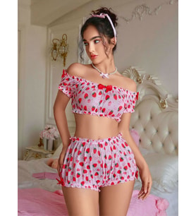 Kadın Pembe Çilek Desenli Fantezi Şort takım 2156
