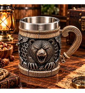 Ayı Figürlü 3D Viking Kupa Paslanmaz Çelik İç Hazneli Fantastik Dekoratif Bardak