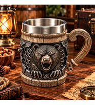 Ayı Figürlü 3D Viking Kupa Paslanmaz Çelik İç Hazneli Fantastik Dekoratif Bardak