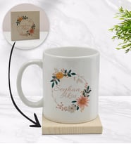 BK Gift Kişiye Özel Çiçek Tasarımlı Beyaz Kupa Bardak ve Ahşap Bardak Altlığı Hediye Seti - Model 20