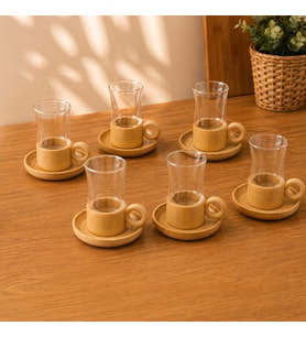 12 Parça Çay Seti - Bambu Bardak Altığı - Çift Cidarlı Cam - 150 ml
