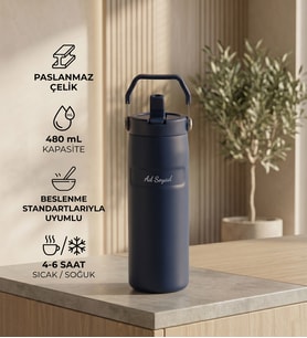 Kişiye Özel Pipetli ve Kulplu Paslanmaz Çelik Termos - 480 mL Mug Lacivert