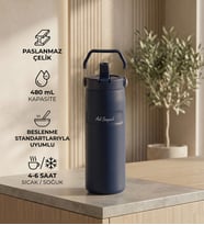 Kişiye Özel Pipetli ve Kulplu Paslanmaz Çelik Termos - 480 mL Mug Lacivert