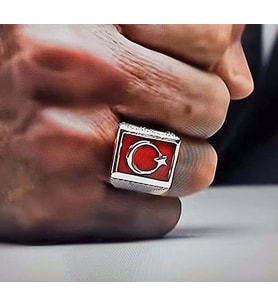 Ayyıldız Türk Bayrak Gümüş Yüzük (Kırmızı)