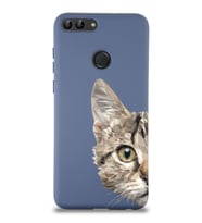 Huawei P Smart Uyumlu Lansman Kılıf Catface Tasarımlı İçi Kadife Kapak-Petrol Mavisi (Şeffaf)