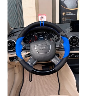 Audi A4 B8 Dikme Direksiyon Kılıfı Delikli Deri Parlak Siyah Mavi Detay Çift Yüzük ve Dikiş 2012-2015
