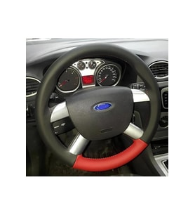 DİKİŞLİ DİREKSİYON KILIFI SİYAH DERİ KIRMIZI DERİ 2 PARÇA KIRMIZI DİKİŞLİ FORD FOCUS İÇİN