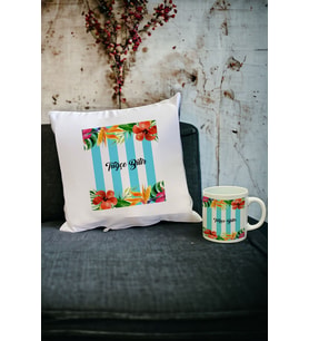 Çiçekli Kupa Bardak ve Yastık Set (Beyaz)