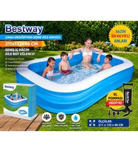 Jumbo Dikdörtgen Şişme Aile Havuzu 211x132x46 CM Geniş İç Hacim + El Pompası Hediye