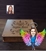 Kişiye Özel Melek Anne Karikatürlü Ahşap Anahtarlık Kutulu Model-2