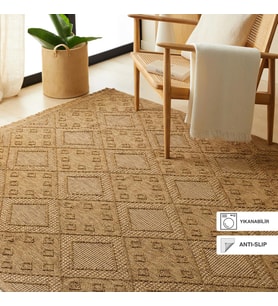 Ocean Home Textile Yıkanabilir Saçaklı Jüt Görünümlü Naturel Renk Karo Desenli Halı Kilim 160 x 230 cm (Model 1)