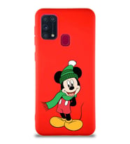 Samsung Galaxy M31 Soft Premier Kapak Mickey Mouse-G Tasarımlı Silikon Kılıf - Kırmızı (Şeffaf)