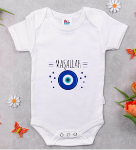 BK Kids Maşallah Tasarımlı Beyaz Bebek Body Zıbın-1