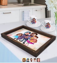 BK Gift Kişiye Özel Aile Karikatürlü Doğal Ahşap Tepsi ve 2’li Kahve Fincan Seti-9