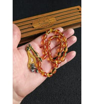 8x11 mm Altın Rengi Ateşi Kehribar Tesbih Telkari İmame Püskül Kombinli Tespih Ahşap Kutulu Mesajlı (Lacivert-Kırmızı)