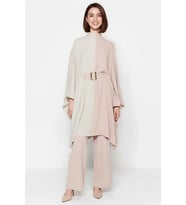 Kadın Büyük Beden Renk Bloklu Kimono Pantolon Takımı Beli Kemerli Geniş Paça Bisiklet Yaka Uzun Kol