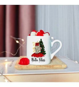 Mutlu Yıllar & Merry Christmas Yılbaşı Tasarımlı Ahşap Tabaklı Türk Kahvesi Fincanı