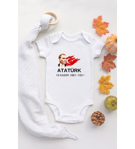 Atatürk 10 Kasım Bebek Body Zıbın Organik Baskılı Bebek Body %100 Pamuklu Ekru Badi Zıbın