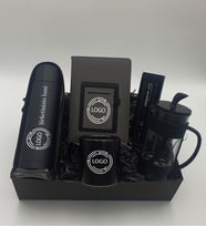 Şirketlere Özel Kılıflı Siyah Çelik Termos & Cepli Gri Defter &  Siyah Kupa & Siyah Roller Kalem & Siyah French Press Hediye Seti