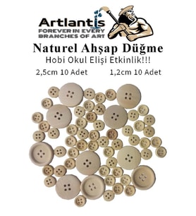 Düğme Naturel Ahşap 60 Adet 1 Paket Okul Kreş Sanat Etkinlik Anasınıfı 1,2cm 50 Adet 2,5cm 10 Adet