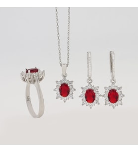925 Ayar Gümüş Oval Kırmızı Taşlı Anturaj Set