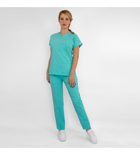 Ünisex Turkuaz Yeşili Esnek  Likralı Doktor Hemşire Aşçı Scrubs Üniforma Takım (Turkuaz-Yeşil)